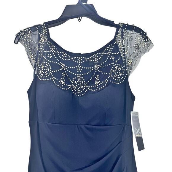 X By XSCAPE Embellished Illusion Neck Ruffle Gown Short Sleeves Navy Size 8 NWT - Picture 9 of 13